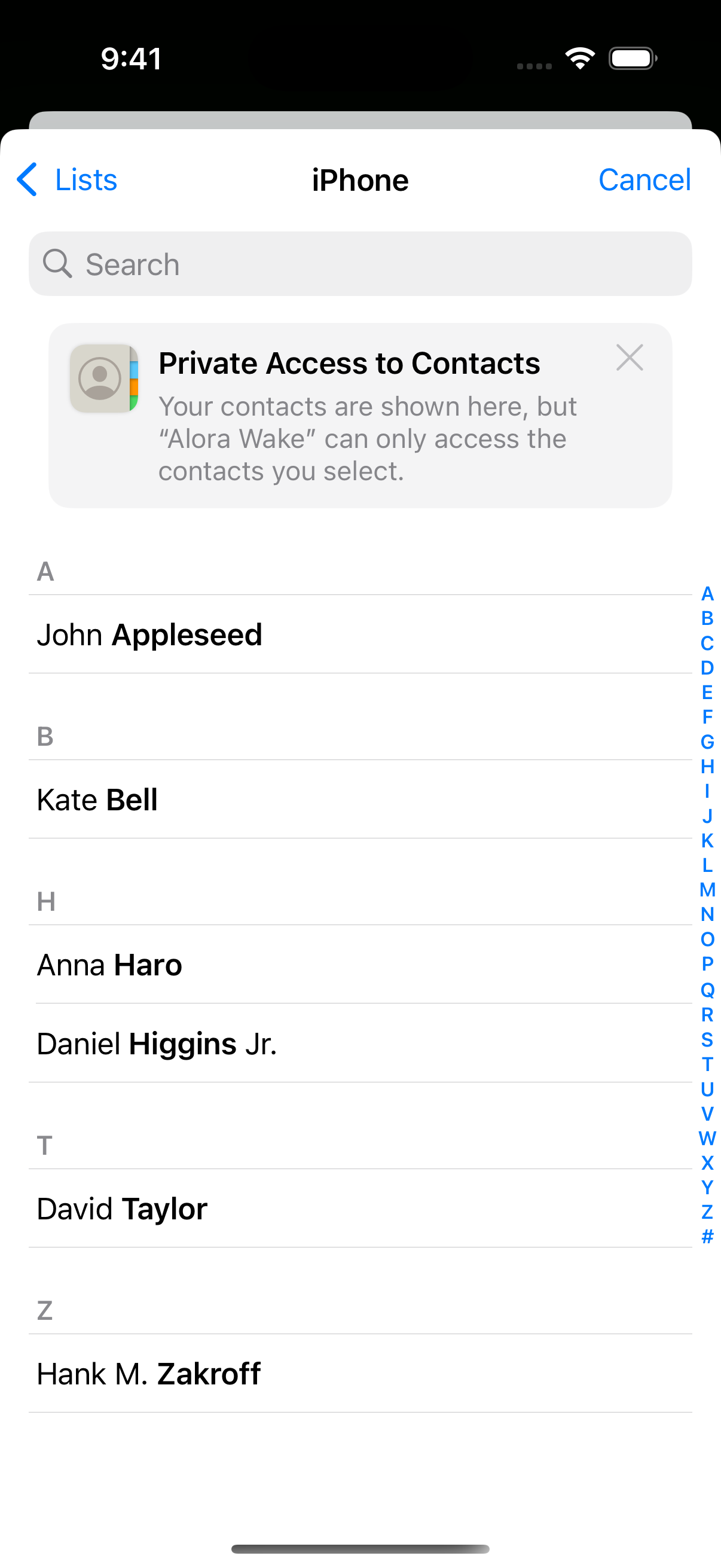 The iOS contact picker with a notice that Alora Wake can only access the contacts you select