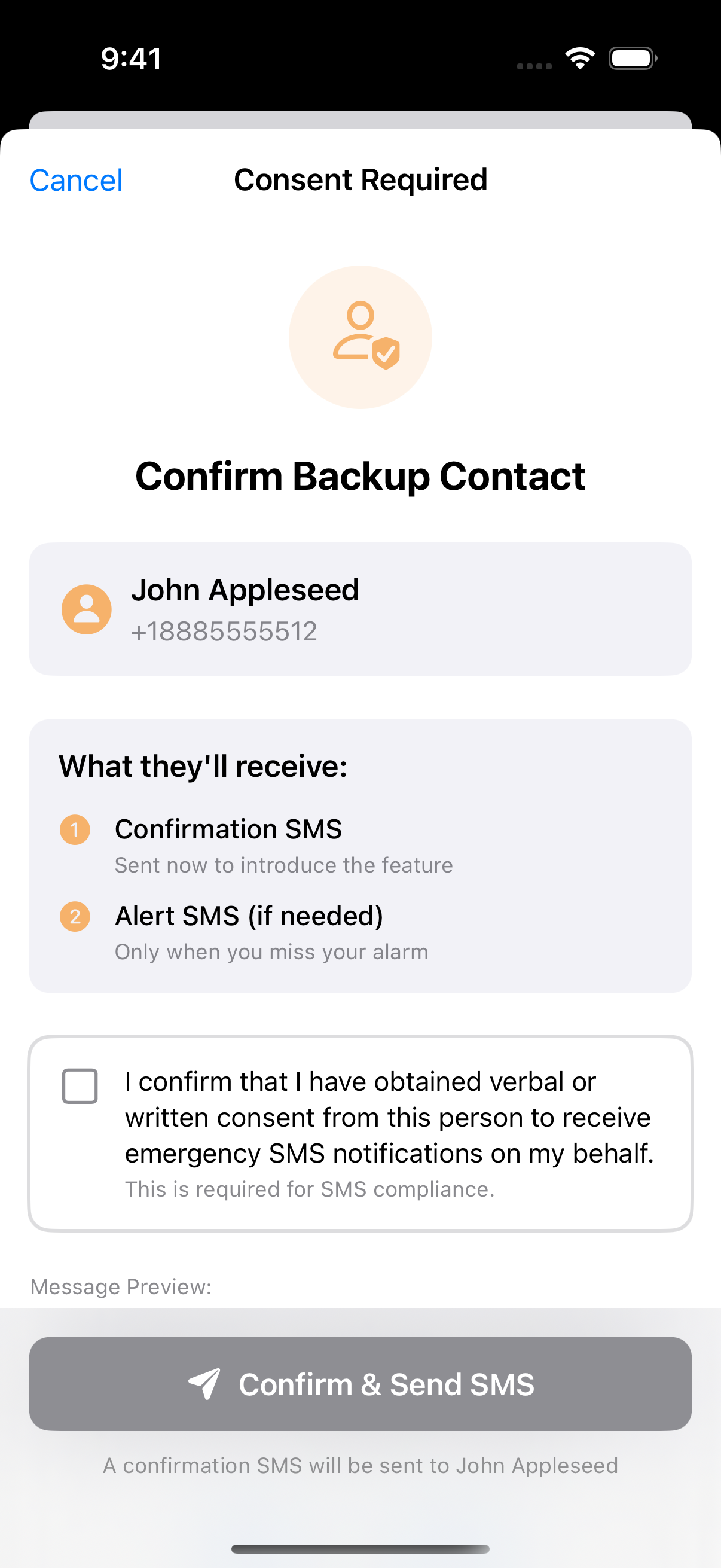 The consent screen with the checkbox unchecked and the Confirm & Send SMS button grayed out