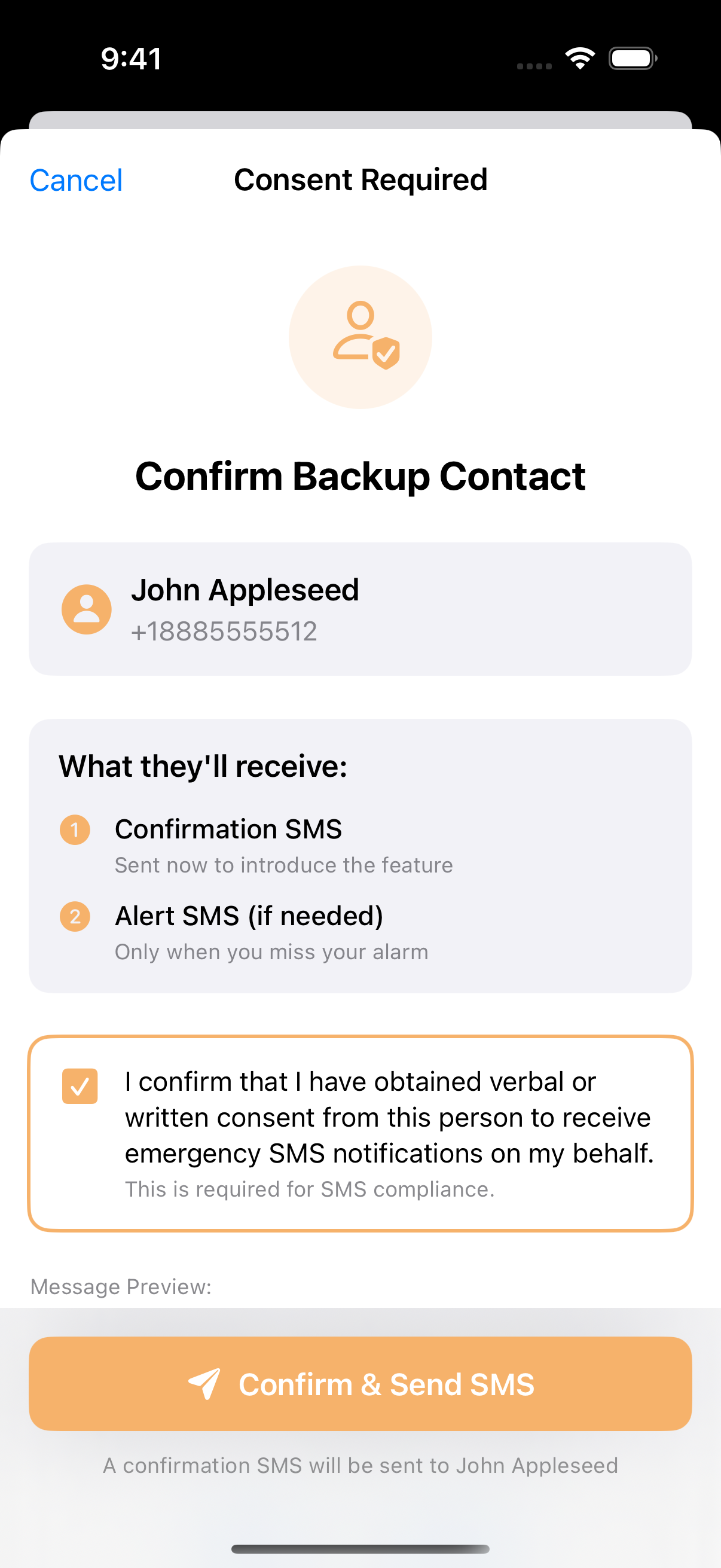 The consent screen with the checkbox checked and the Confirm & Send SMS button active in orange